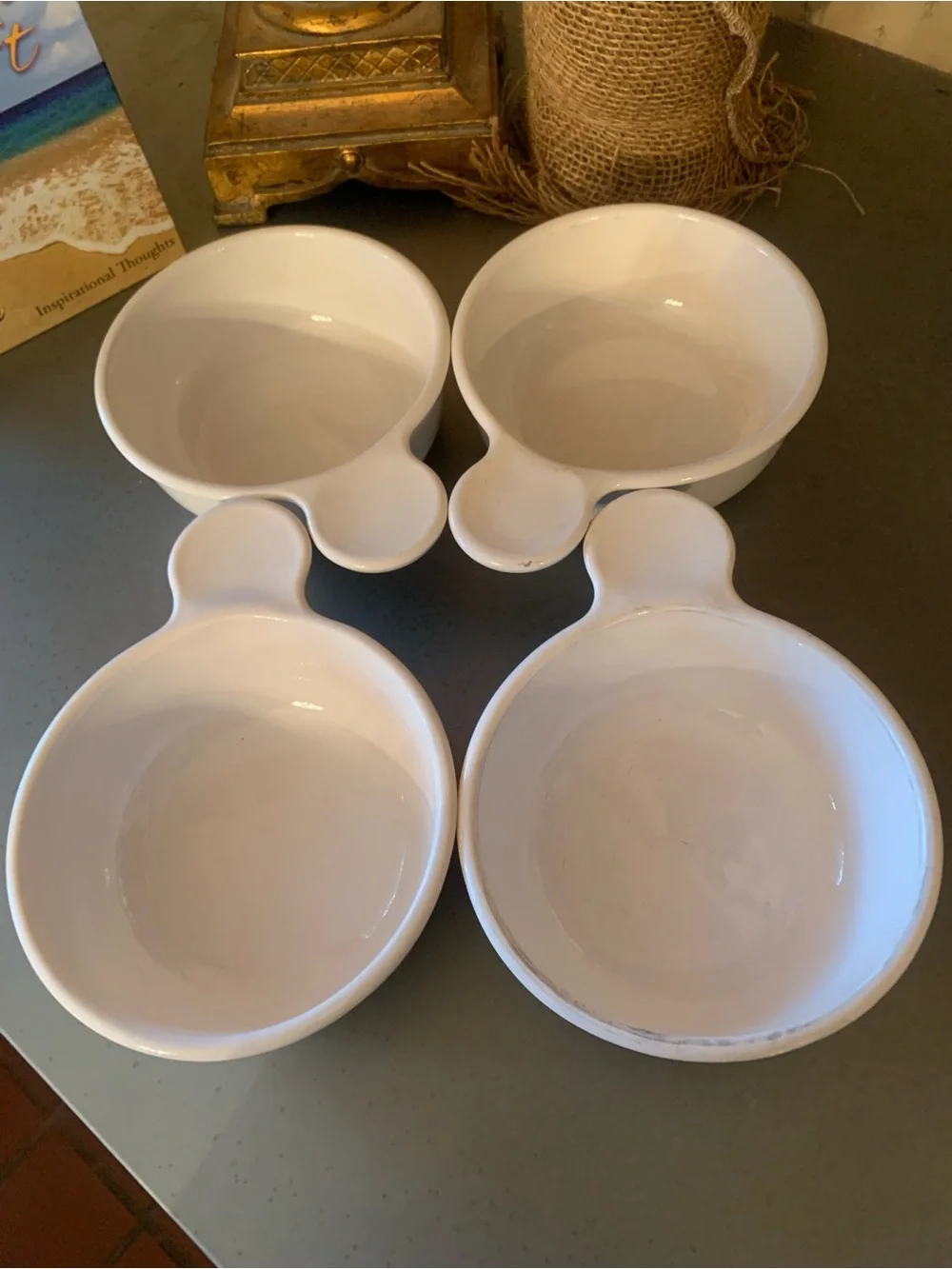 4 Corning Ware, SMALL grab it bowls with handles, can use in microwave.